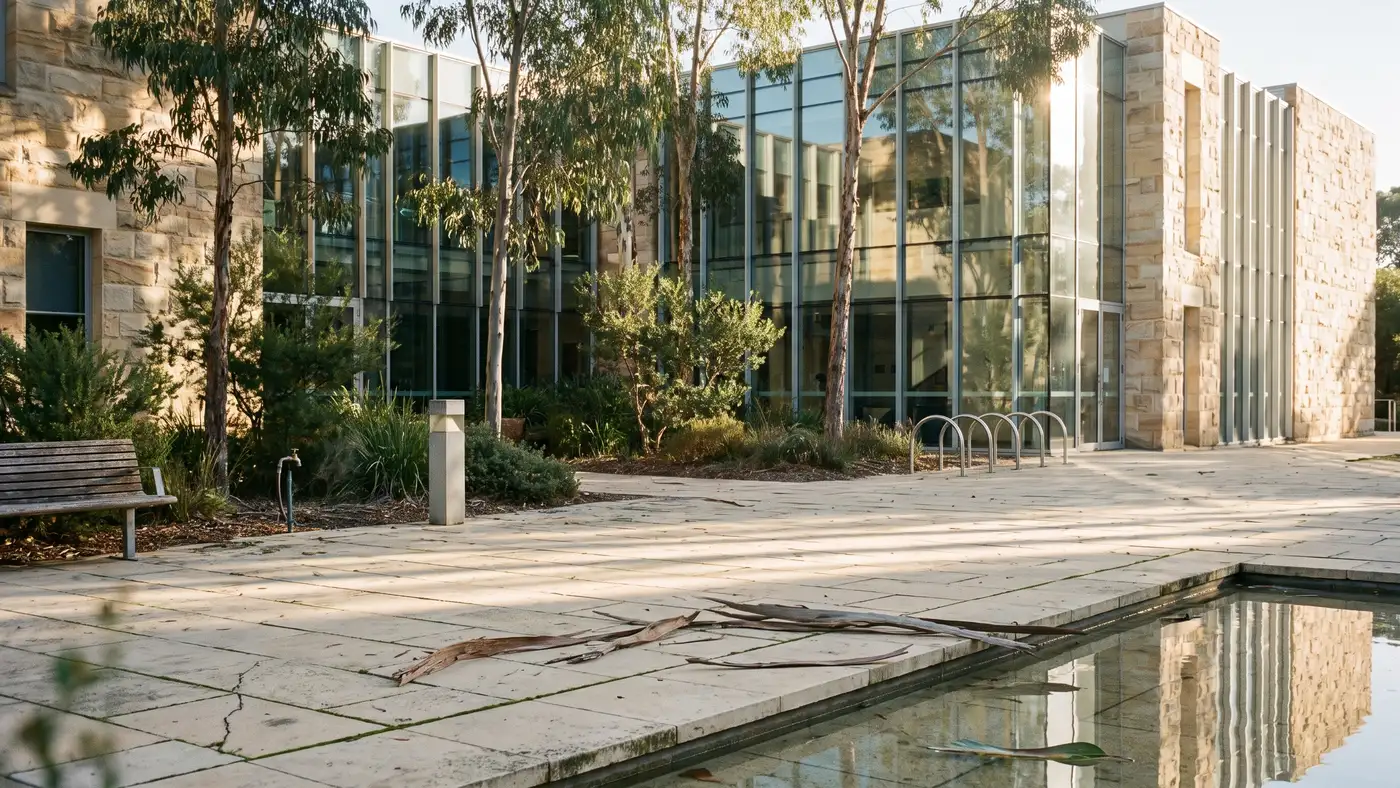 A sunny contemporary campus courtyard with eucalyptus trees, sandstone-and-glass buildings and bright coastal light.