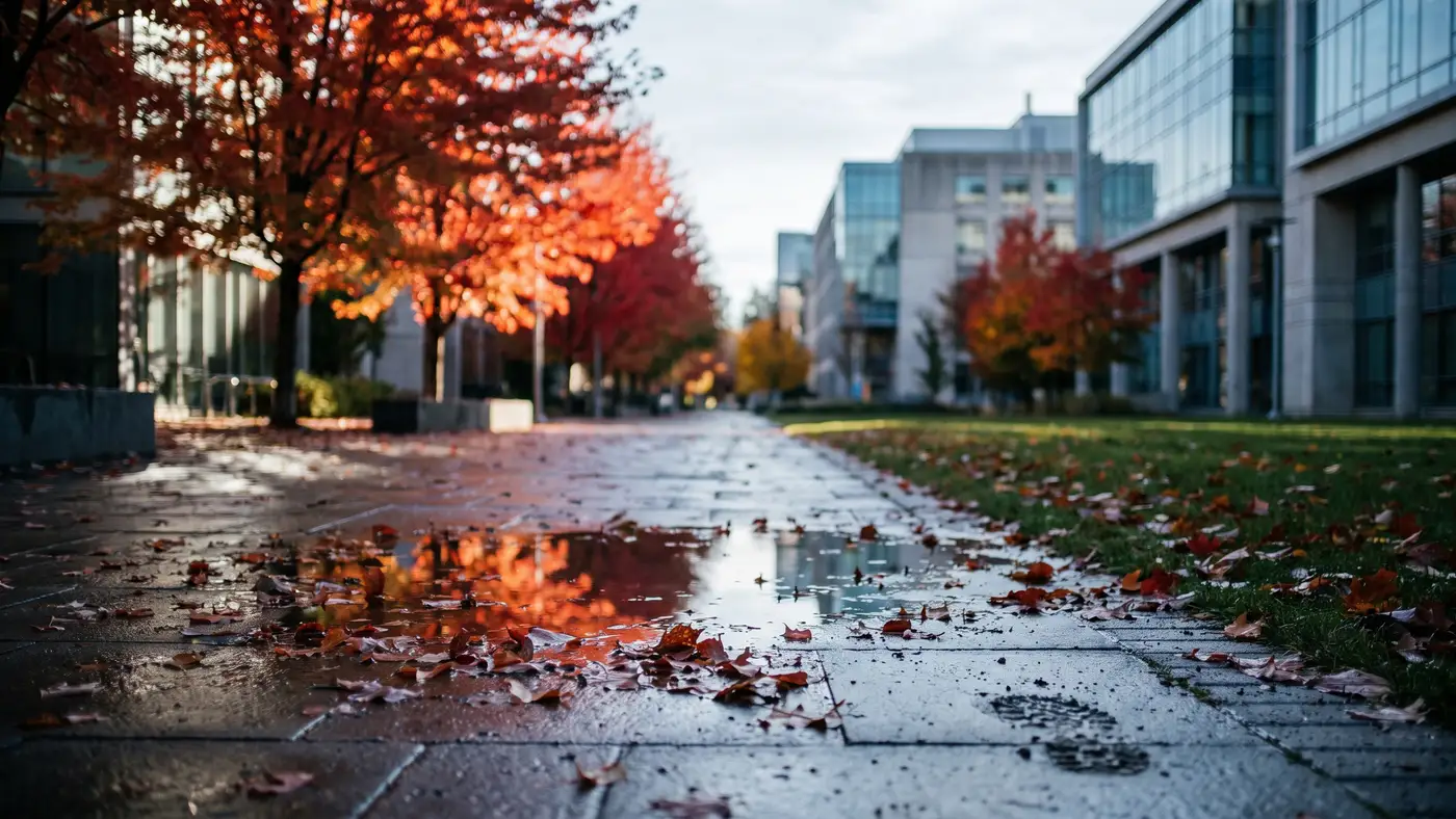 A rain-wet campus walkway after a shower, a large puddle mirroring the autumn maples and glass-fronted buildings under soft overcast light.