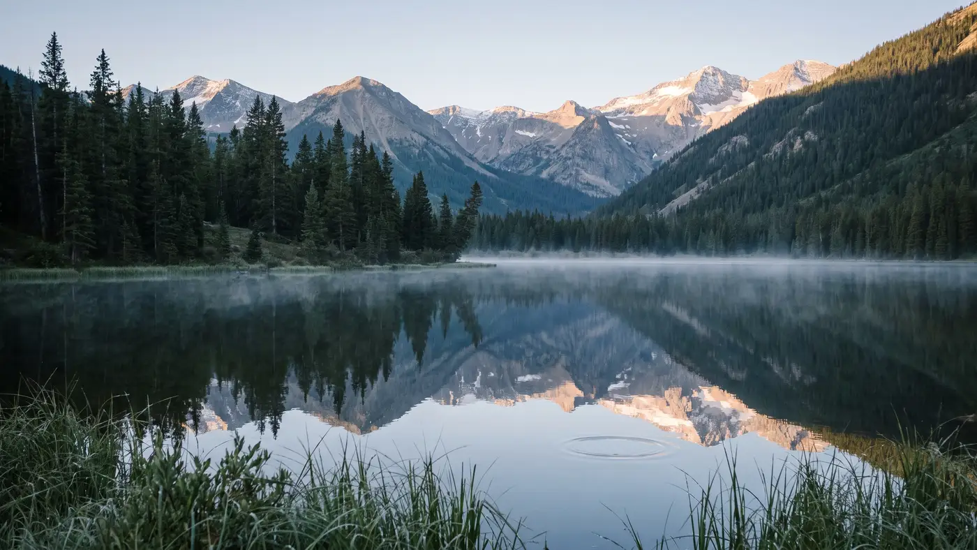 A calm Canadian mountain-and-lake landscape with pine forest and snow-dusted peaks at first light.