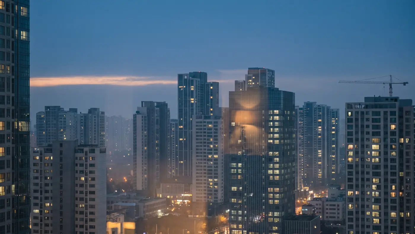 A clean modern East-Asian cityscape of orderly contemporary towers glowing softly at blue hour.