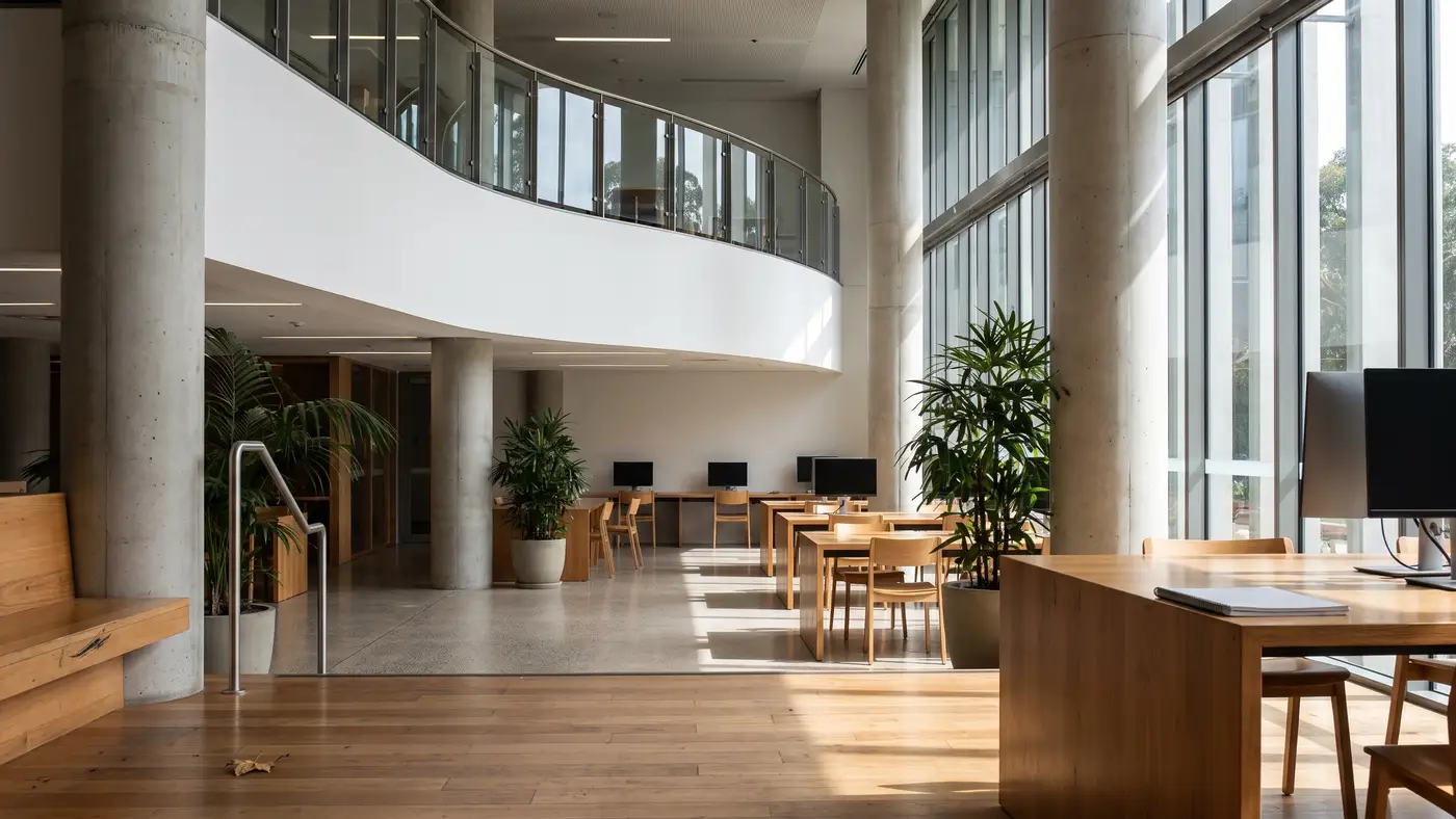 A futuristic university study commons with sweeping white curves, warm wood accents, greenery and full-height glass.
