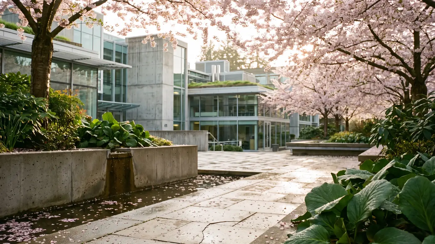 A modern high-tech Asian campus with glass-and-concrete buildings, cherry-blossom trees and lush greenery in soft spring light.