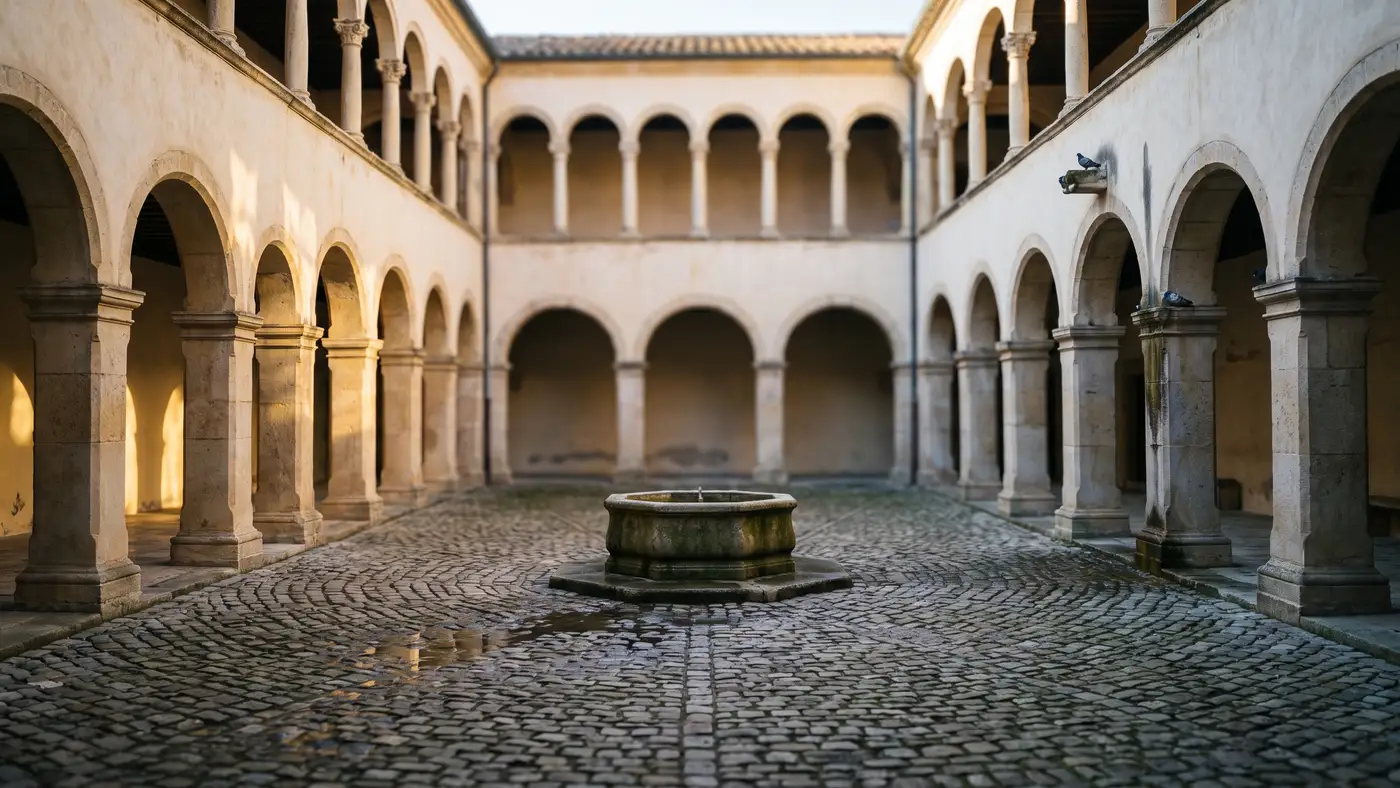 A classic continental-European university courtyard with two tiers of arched stone colonnades and a central fountain.