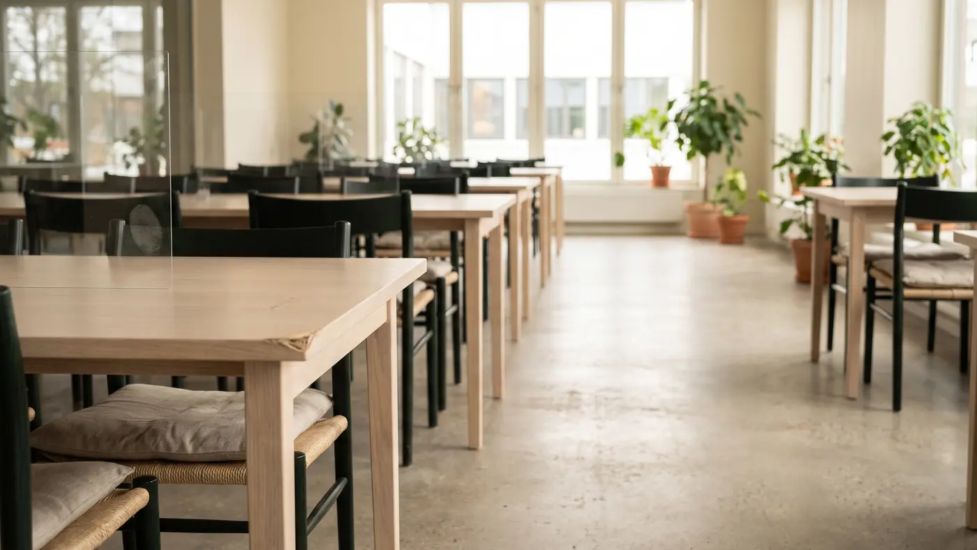 A bright modern study hall with long pale-wood tables, paper-cord chairs and a clear acrylic divider on the front table, lit by tall windows.
