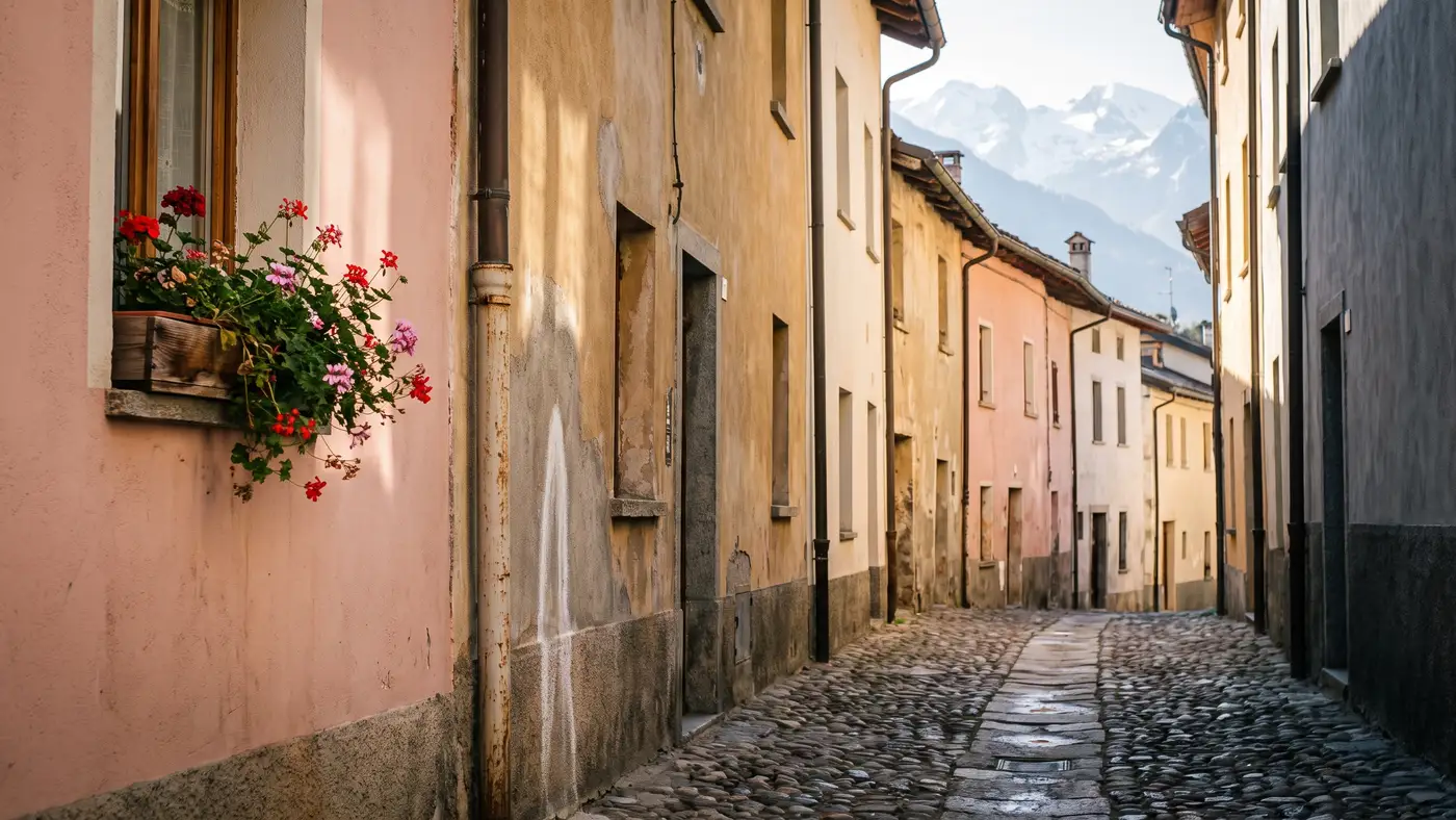 A generic pastel European old-town street of cobblestones opening to distant snow-capped alpine peaks.