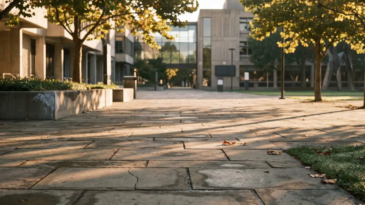 A modern leafy university quadrangle in a South-Asian setting, lit by warm golden-hour sun with long shadows across stone walkways.