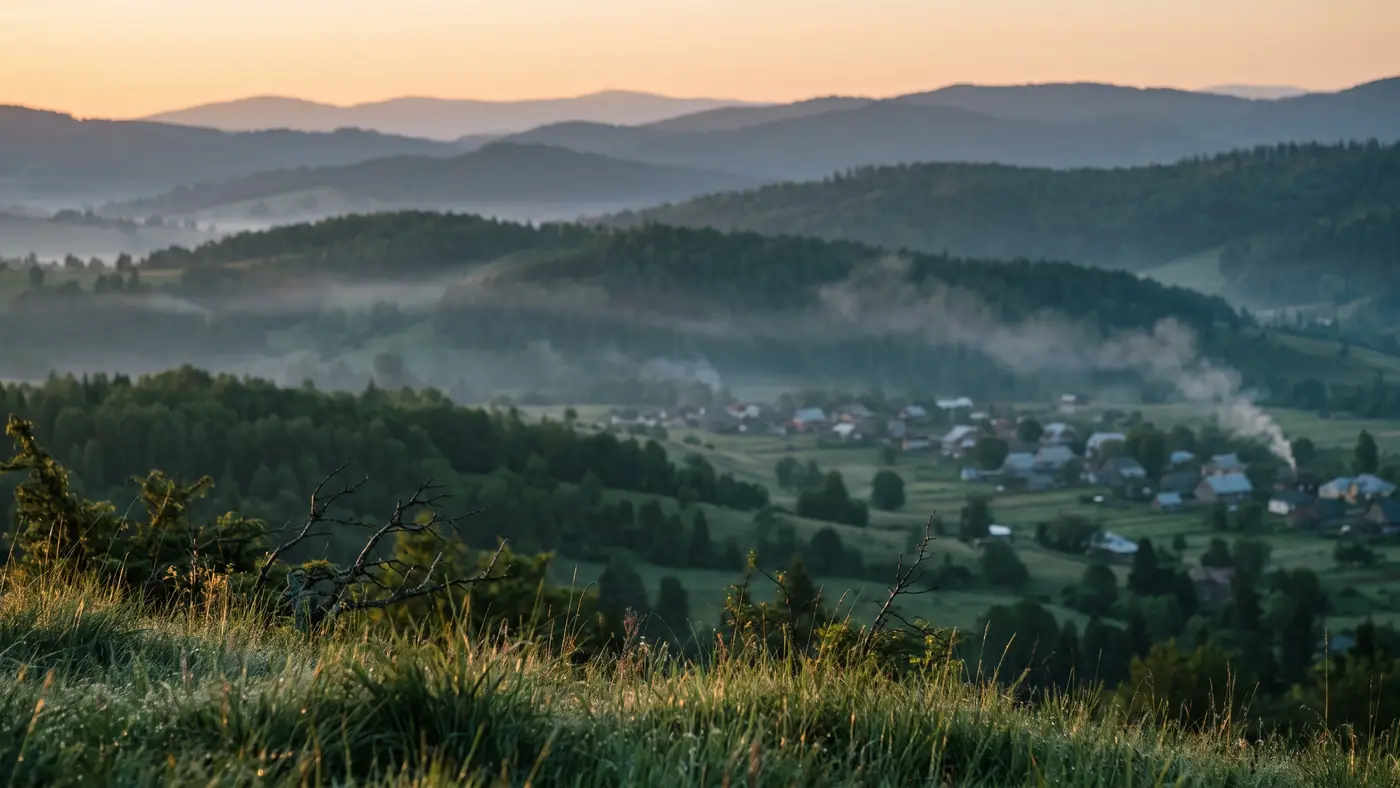 Soft dawn light over layered green foothills, with a small traditional village of pitched roofs and drifting chimney smoke in a misty valley.