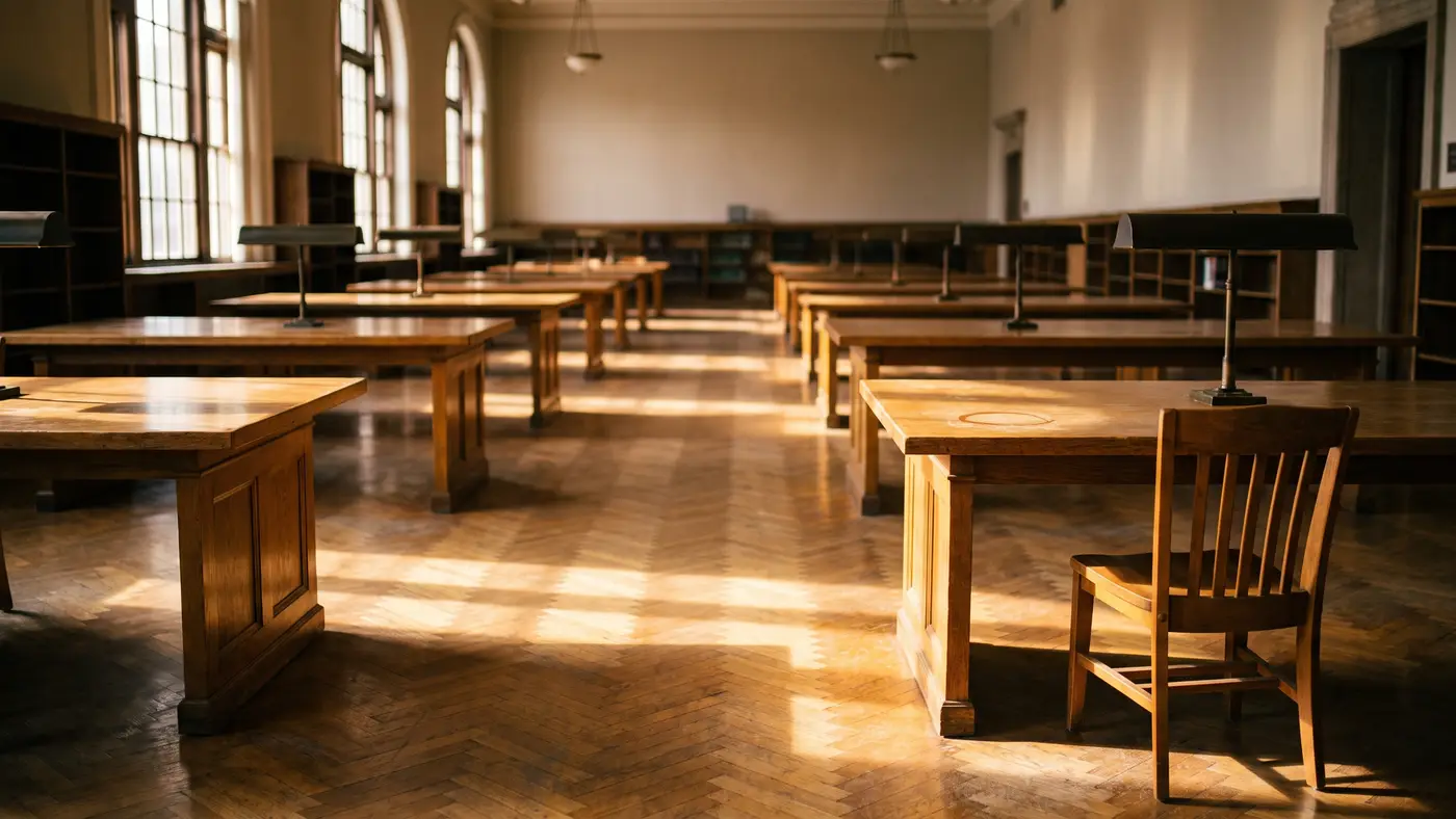 A grand naturally-lit university library reading room with long polished study tables and tall arched windows.