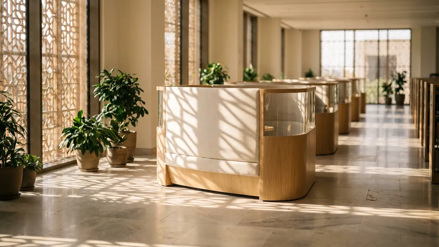 A bright contemporary university library interior with geometric latticework screens, pale stone floors and curved study pods.