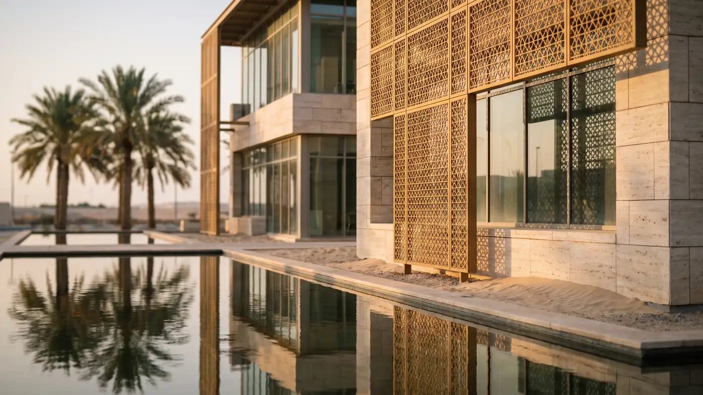 A sleek modern desert-campus building of honey-toned stone and glass with geometric shading screens, palms and a reflecting pool.