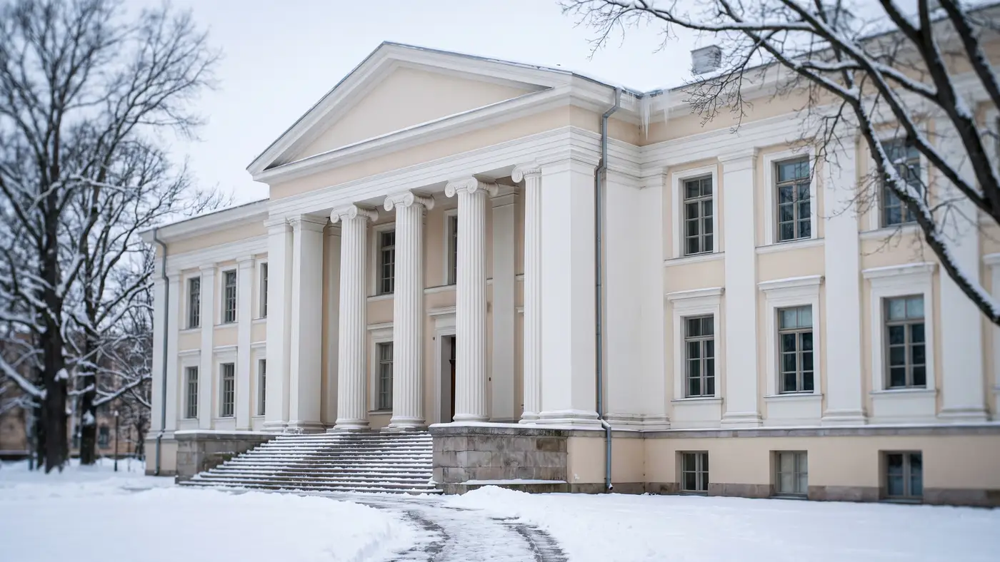 A grand neoclassical university building with tall columns and a symmetrical façade under soft snowy winter light.