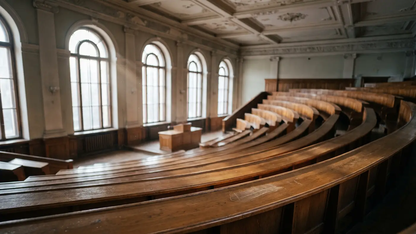 An ornate historic university lecture hall with steep tiers of polished wooden seating, tall windows and a decorated ceiling.