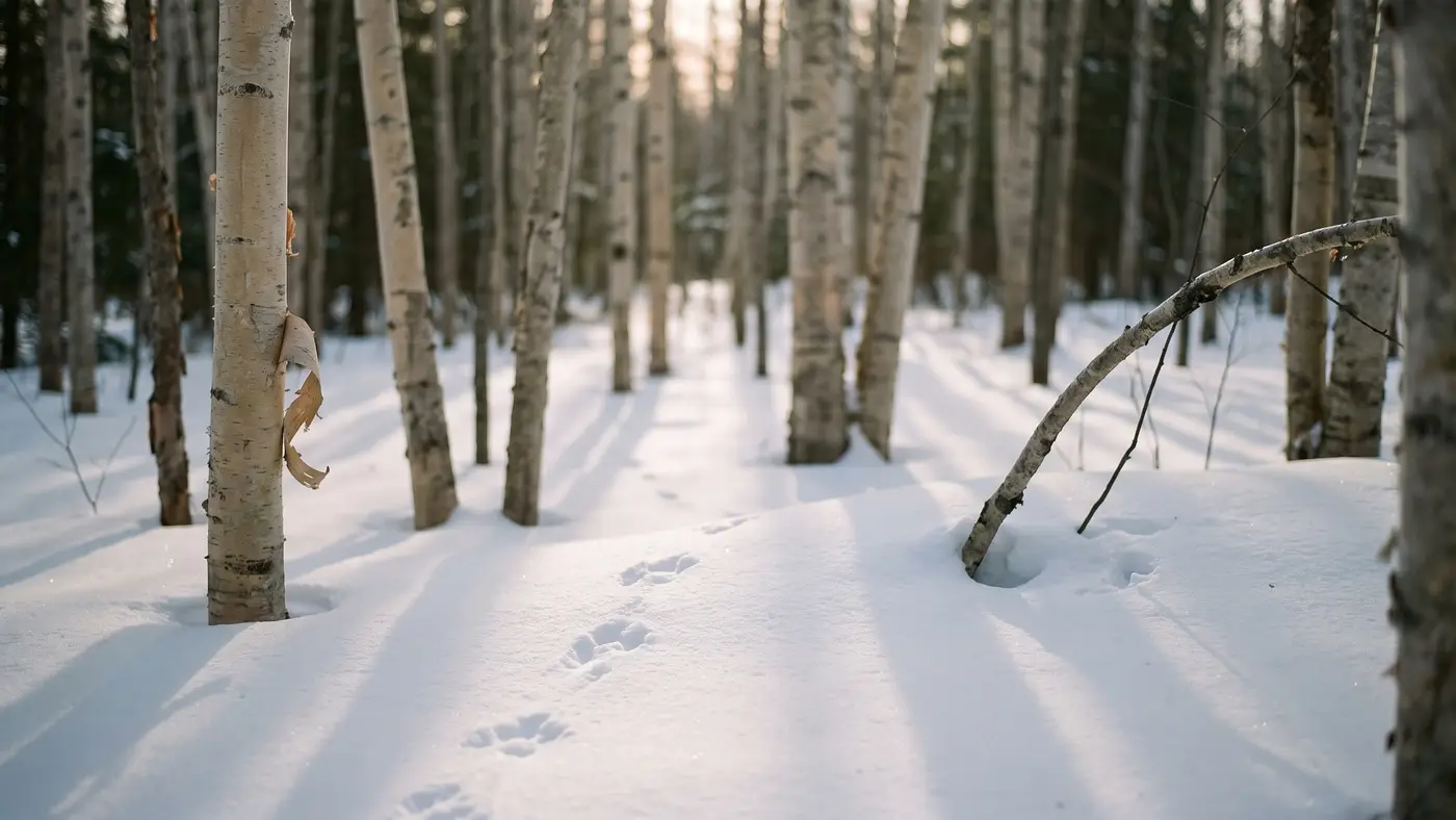 A snowy forest path in warm low winter sunlight, animal tracks leading through fresh snow between bare birch and pine.