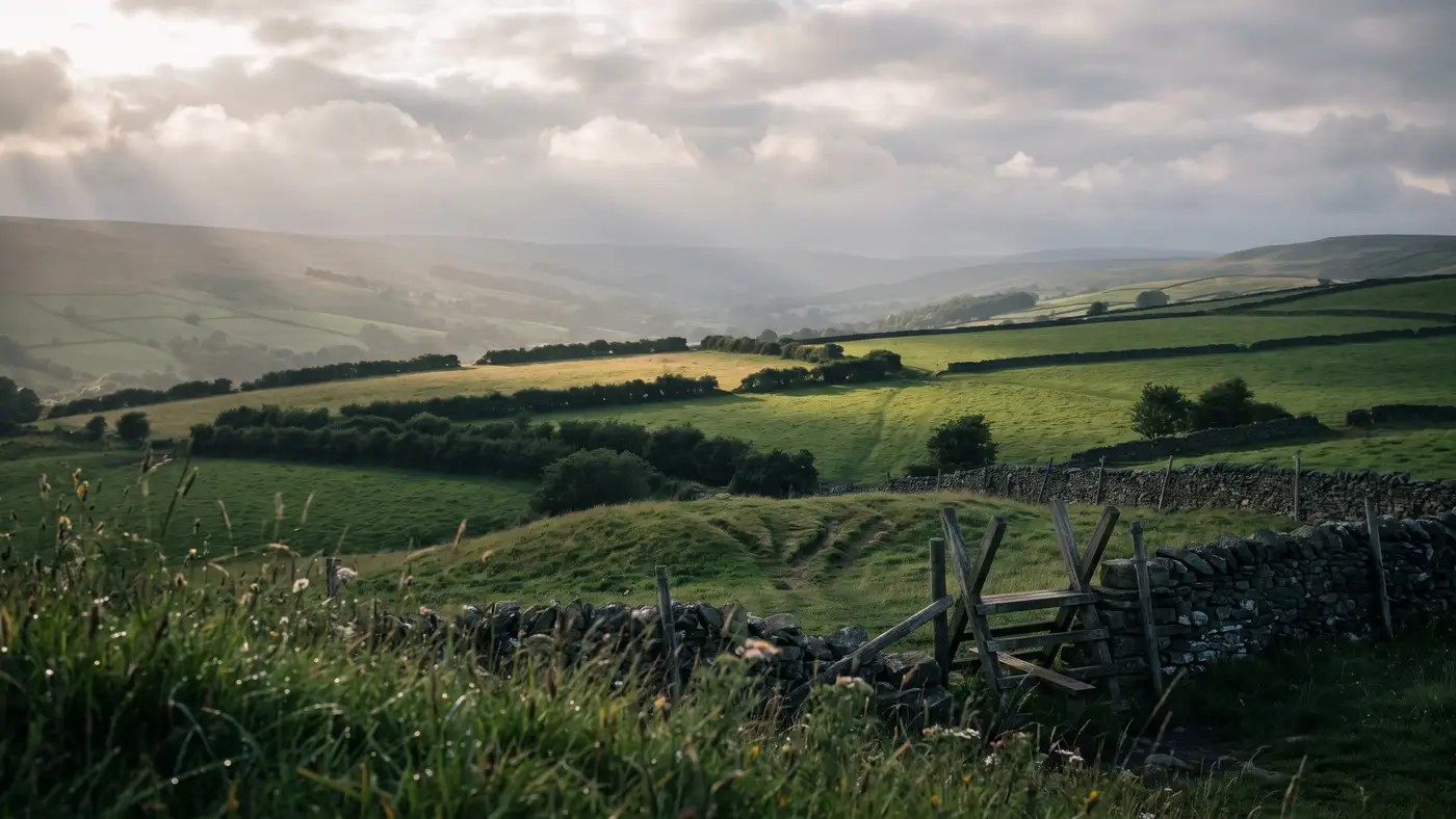 Rolling green British-Isles countryside stitched with hedgerows and dry-stone walls under a soft broken sky.