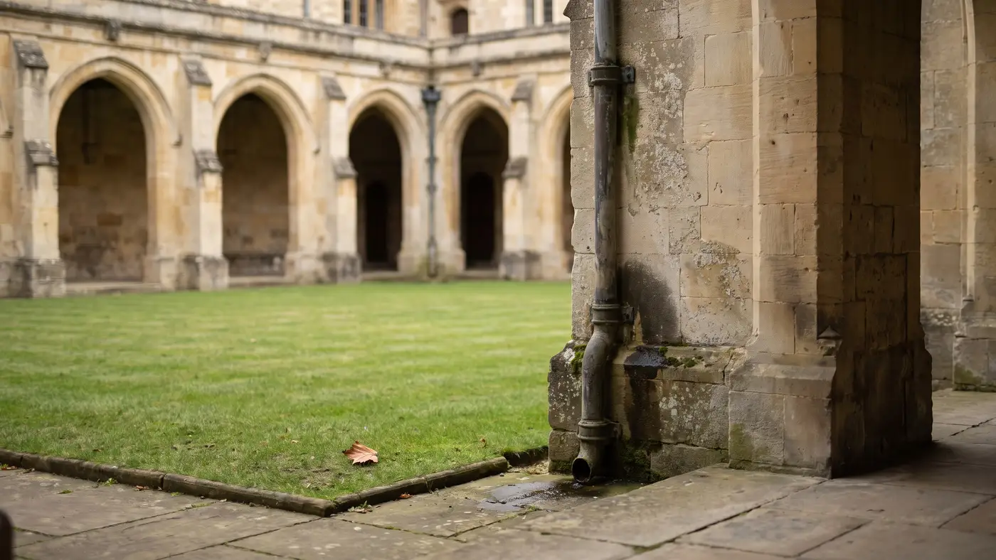 A historic honey-coloured stone collegiate quadrangle with pointed-arch cloisters and a square lawn.