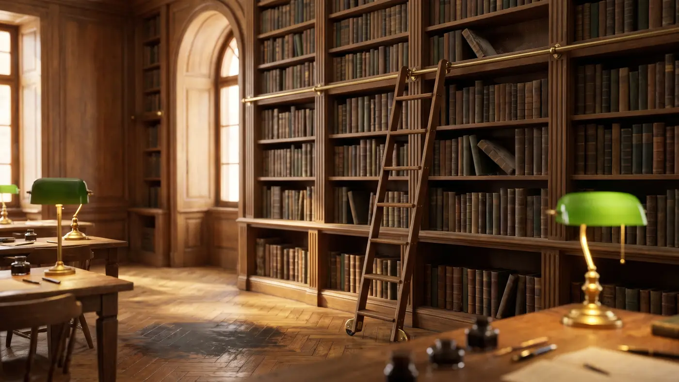 An old-world wood-panelled university library with rows of leather-bound volumes, a brass-railed rolling ladder and green desk lamps.