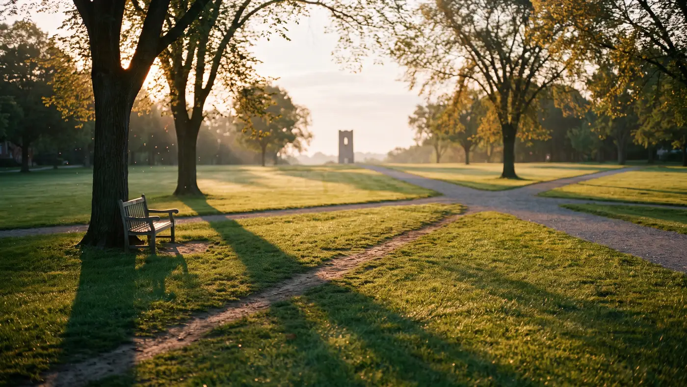 A wide American campus lawn with tree-lined paths and a distant generic tower silhouette at golden hour.