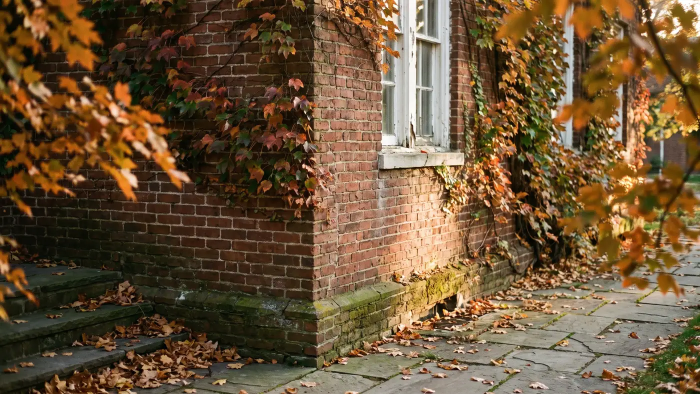 A classic red-brick, ivy-covered college building framed by autumn maples in crisp afternoon light.