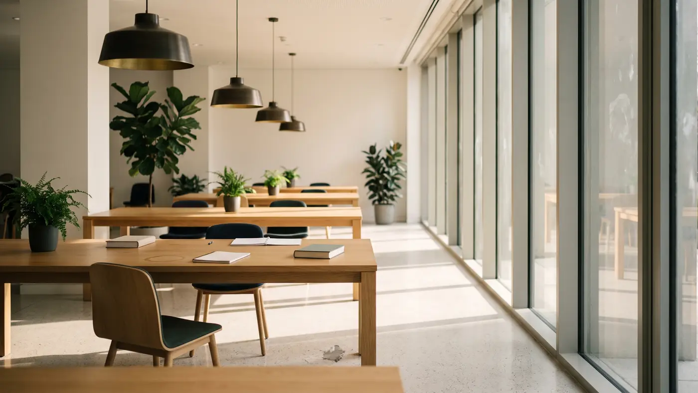 A bright modern American university study commons with warm oak tables, glass walls and pendant lamps.