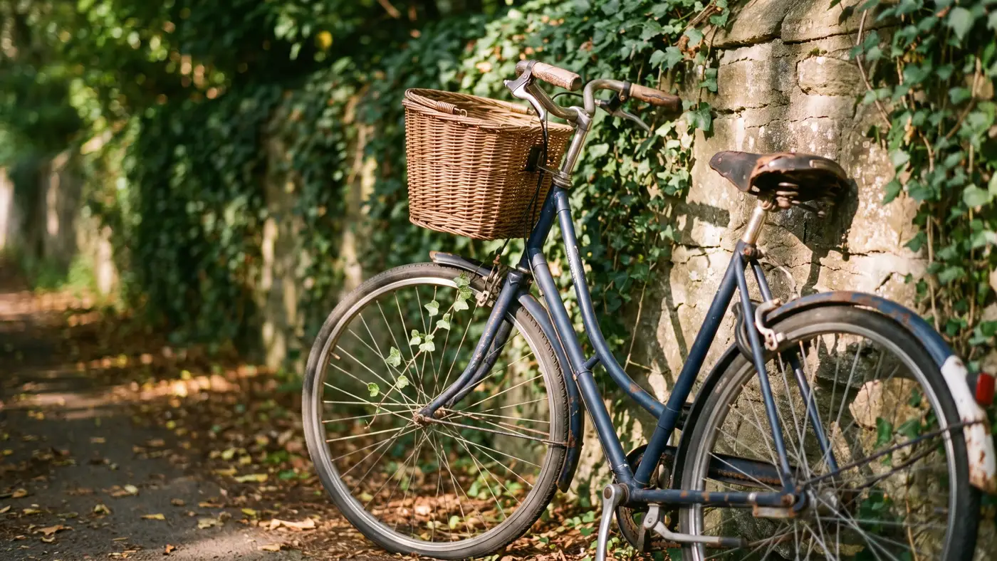 A charming classic bicycle with a wicker basket leaning against a leafy, ivy-covered stone campus wall in dappled light.