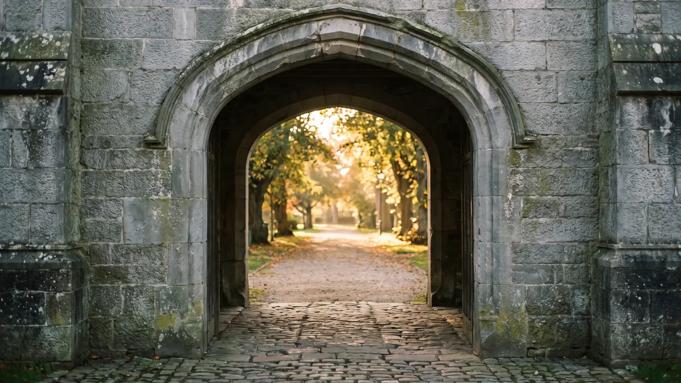 A grand welcoming stone gateway archway with no crest or text, opening onto a leafy generic campus path in warm golden light.