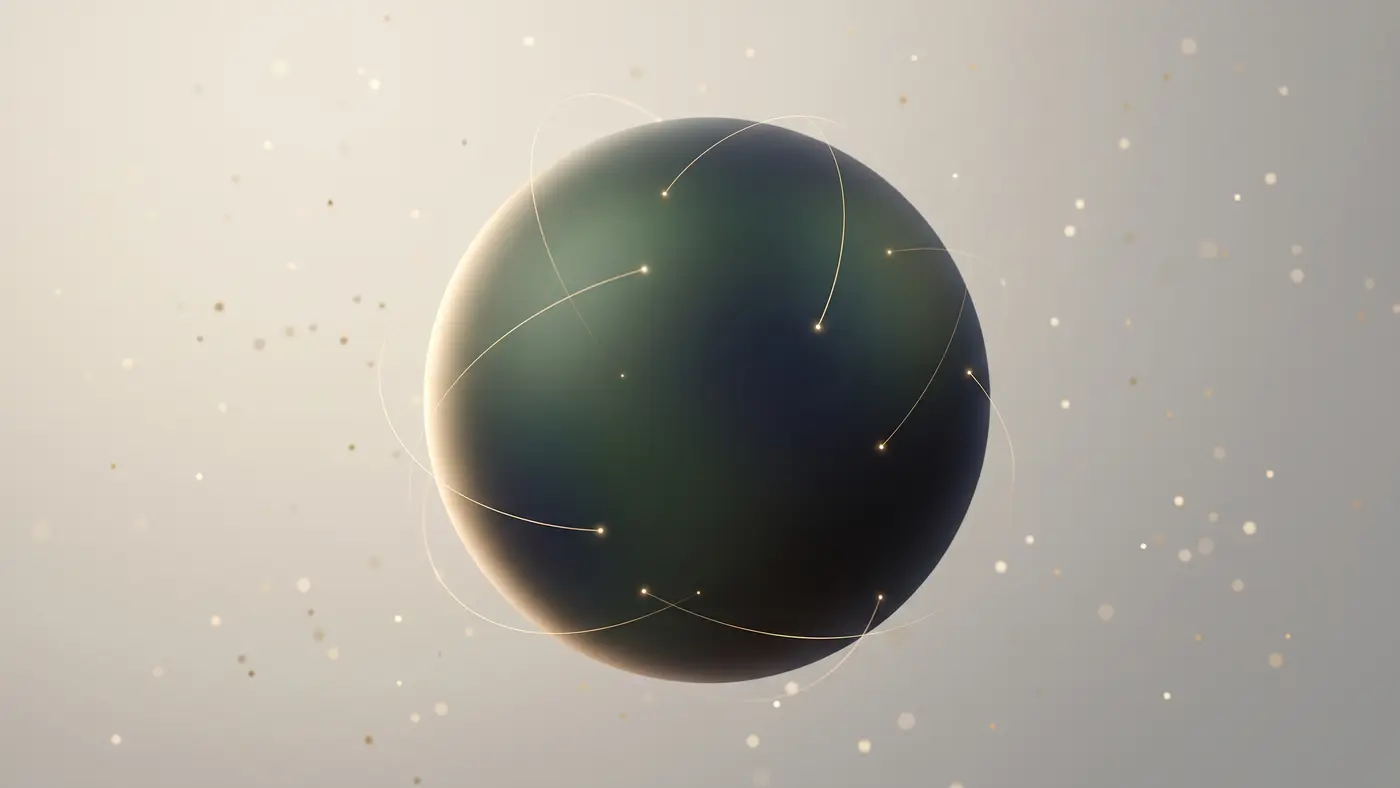A softly glowing dark sphere floating on a clean warm-cream background with delicate golden arcs of light curving across it.