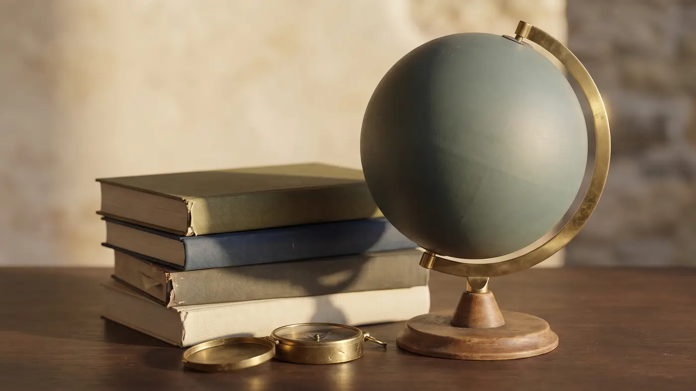 An elegant still life of a classic desk globe beside a neat stack of blank-covered books and a brass compass in warm light.