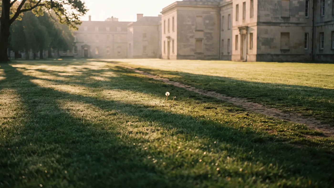 A wide open campus quad lawn bathed in golden-hour light with elegant generic academic buildings on the far side and long soft shadows.