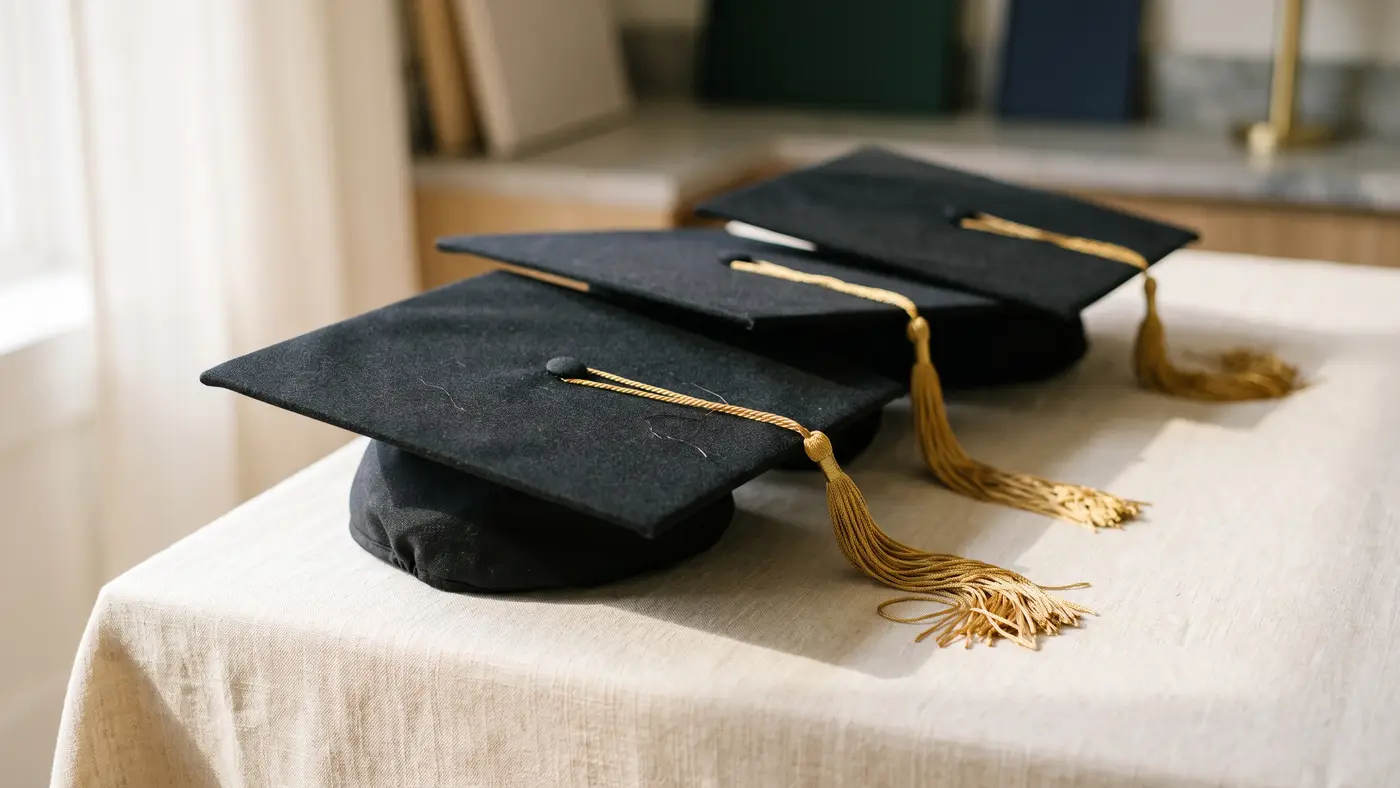 Several black graduation mortarboards with golden tassels arranged as a clean celebratory still life on a bright cream surface.