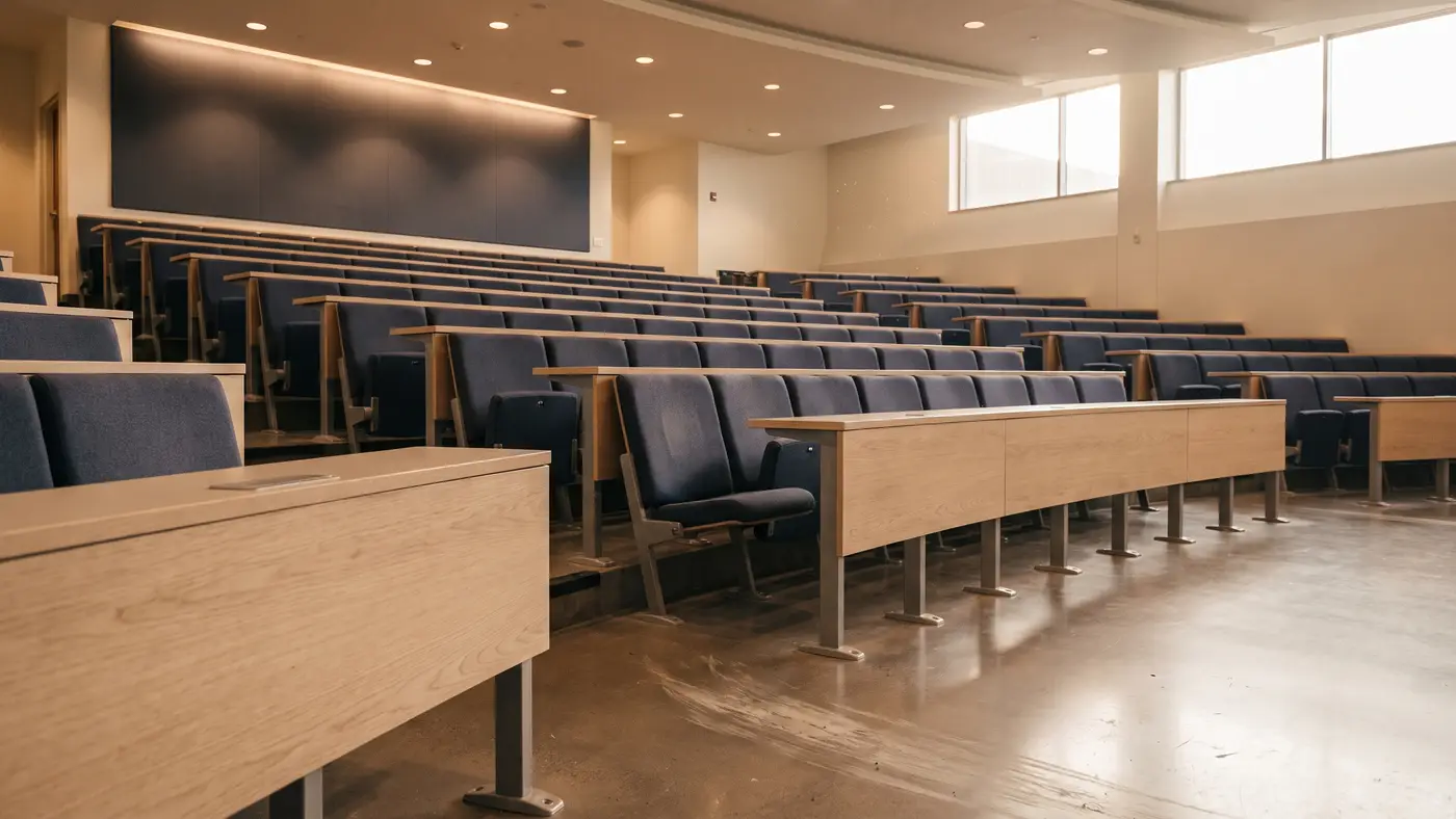 An empty tiered lecture hall seen from the front, rows of seats and desks rising toward a dark acoustic panel on the rear wall.