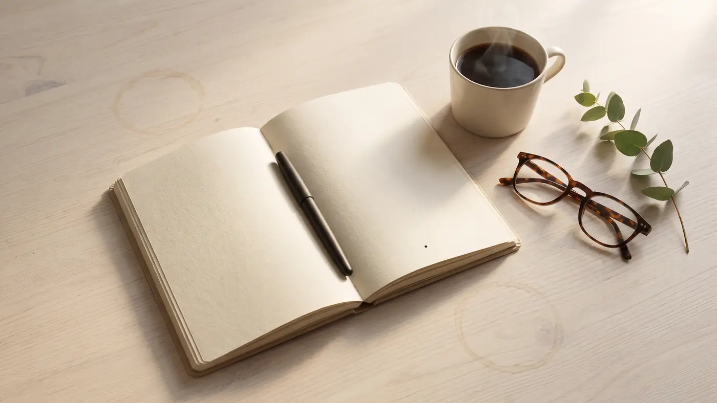 A warm minimal top-down flat-lay of an open blank notebook, a fountain pen, a coffee cup, reading glasses and a sprig of greenery on wood.