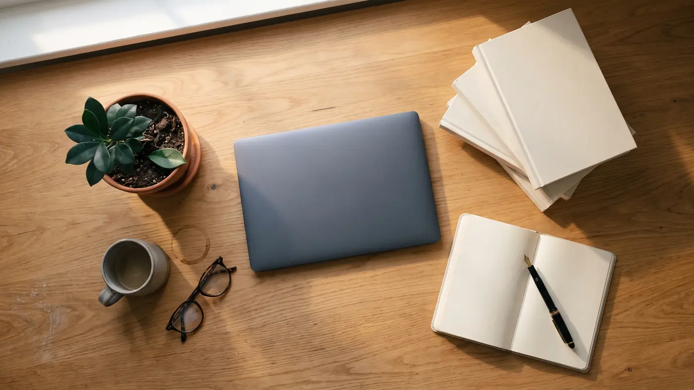 A tidy desk flat-lay with an open notebook, reading glasses, an empty mug with a coffee-ring stain and a folded map, in soft window light.