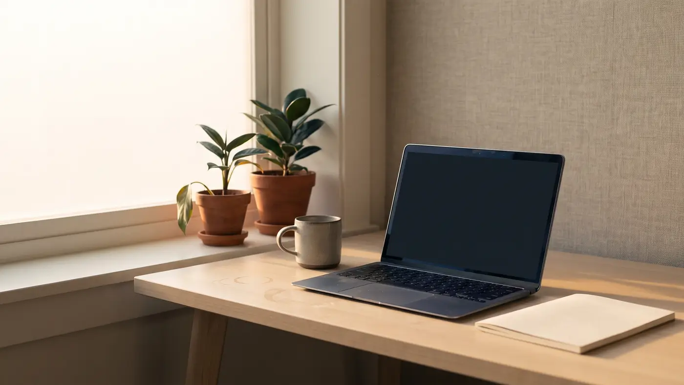 A serene study nook by a large bright window with a clean desk, a laptop with a plain dark screen, a notebook, a mug and potted plants in morning light.